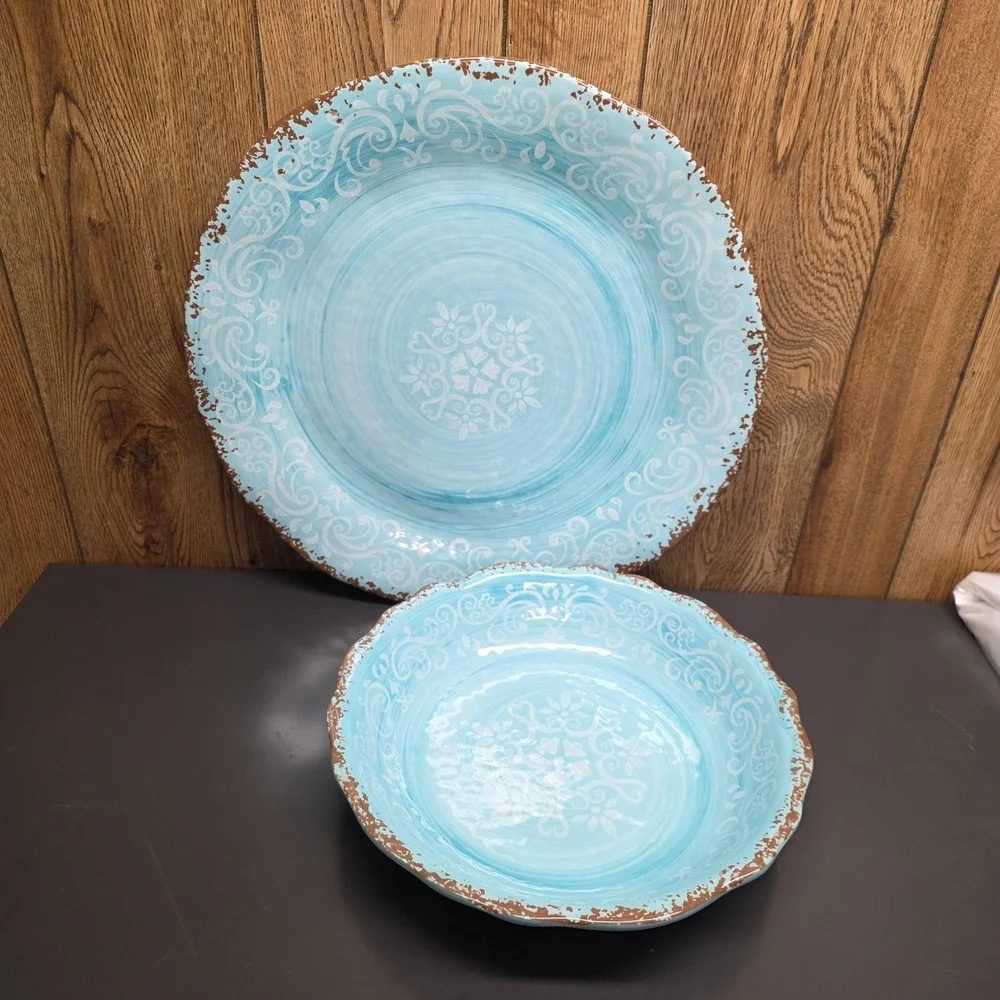Cynthia Rowley Large Blue Melamine Serving Platter & Bowl Set Floral Farmhouse